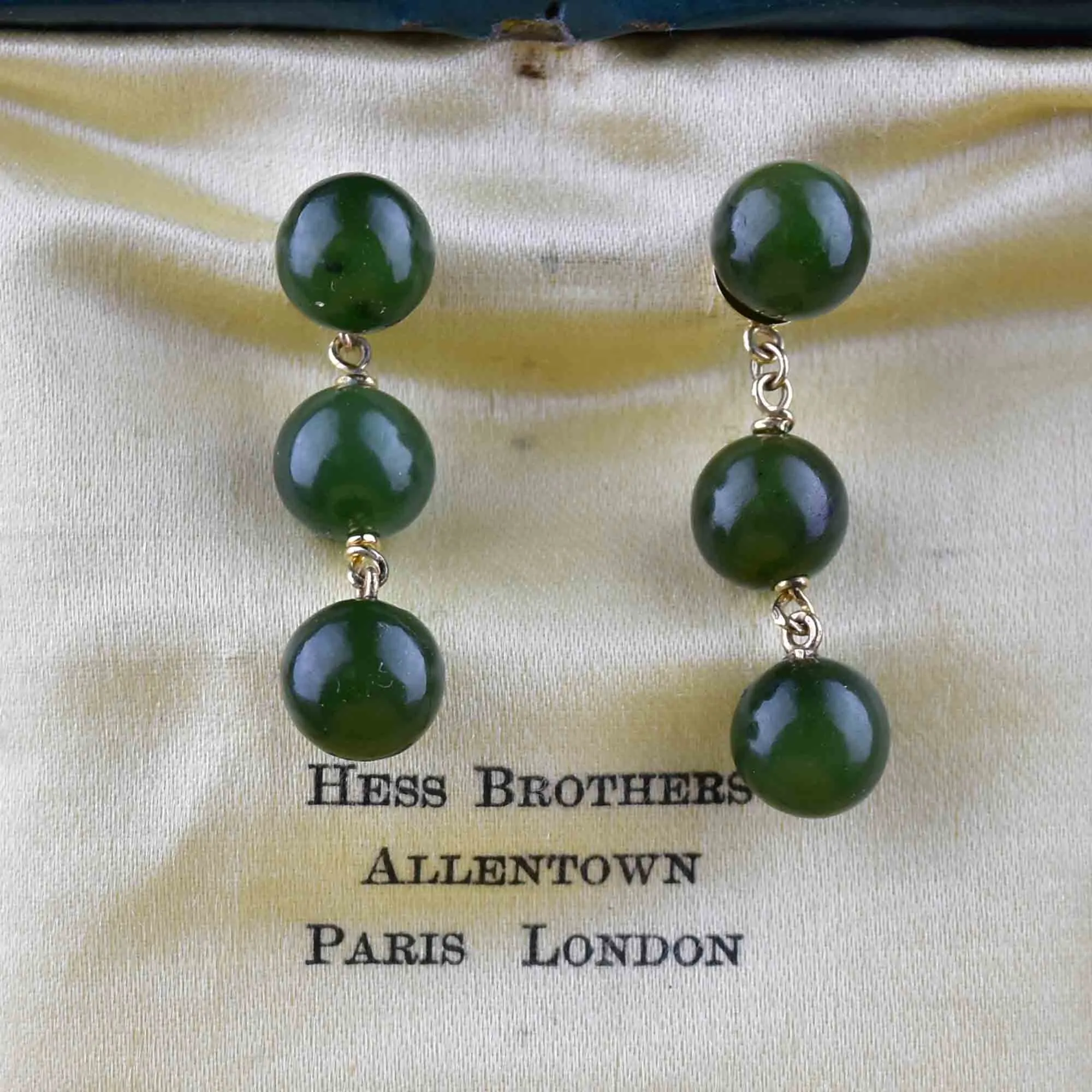 14K Gold Triple Jade Ball Drop Earrings