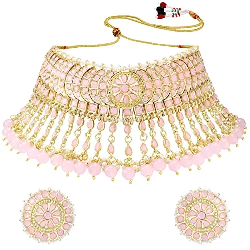 18K Gold Plated Traditional Kundan & Pearl Studded Choker Necklace Set For Women/Girls