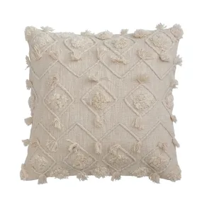 20" Cotton Slub Pillow w/ Diamond Embroidery, Tufting & Fringe