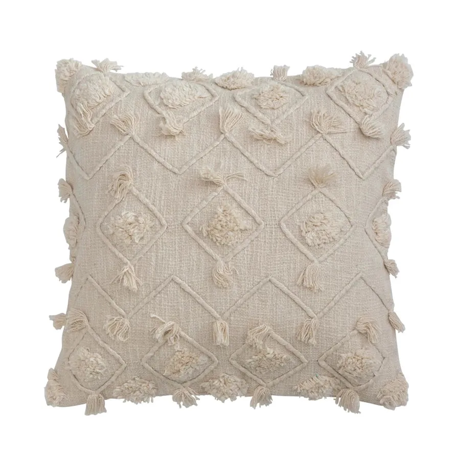 20" Cotton Slub Pillow w/ Diamond Embroidery, Tufting & Fringe