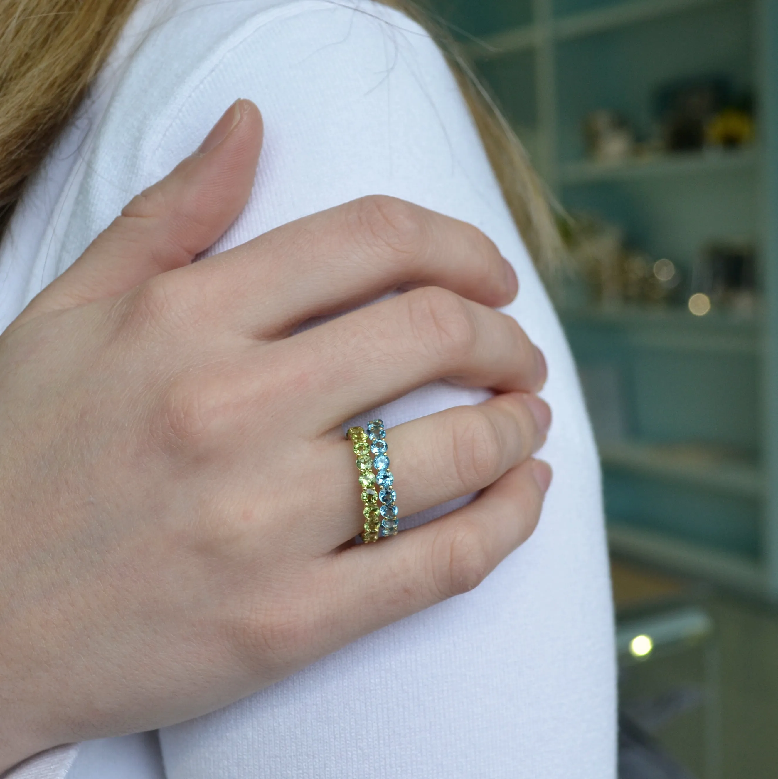 A & Furst - France - Eternity Band Ring with Swiss Blue Topaz, 18k Yellow Gold