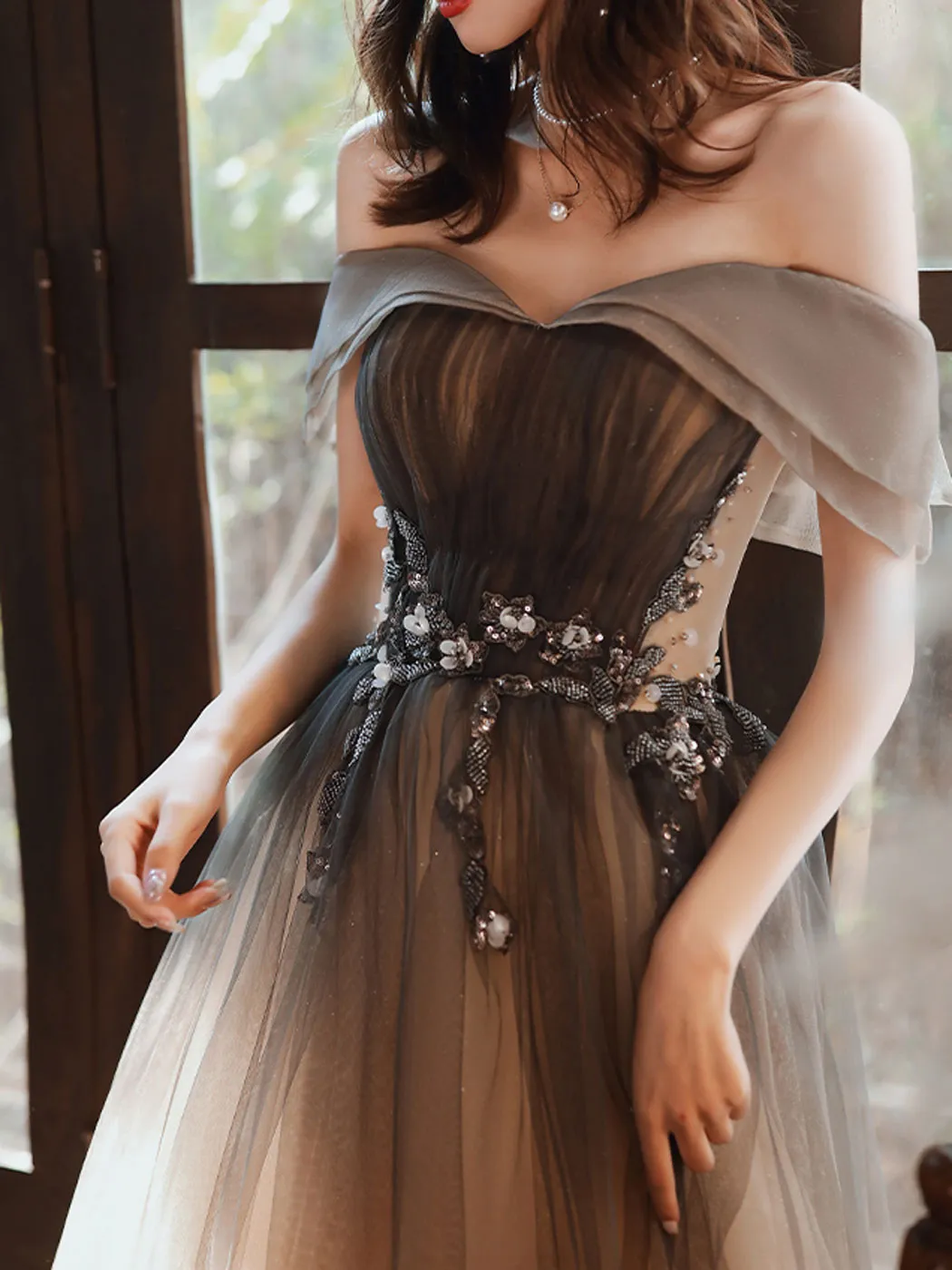 A Line Brown Long Prom Dresses, Off Shoulder Brown Formal Graduation Dresses