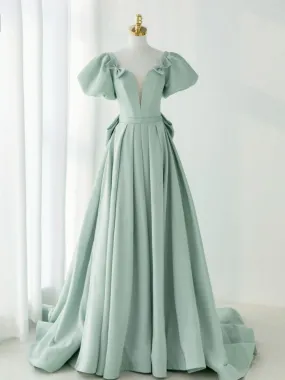 A-Line Green Satin Long Prom Dress, Green Long Evening Dress