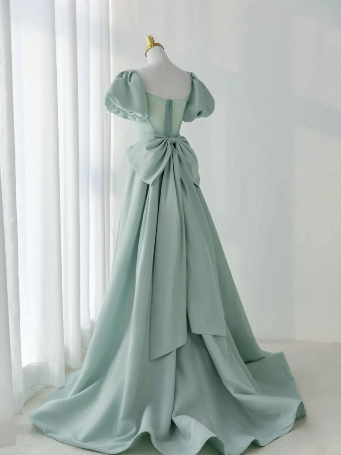 A-Line Green Satin Long Prom Dress, Green Long Evening Dress