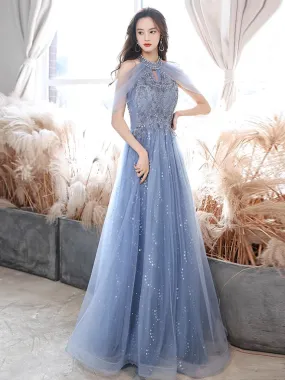 A-Line Off Shoulder Tulle Blue Long Prom Dress, Blue Lace Long Formal Dress