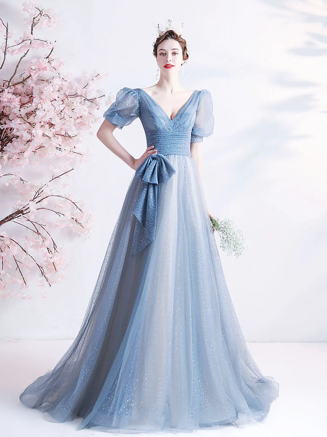 A-Line V Neck Tulle Gray Blue Long Prom Dress, Gray Blue Formal Dresses