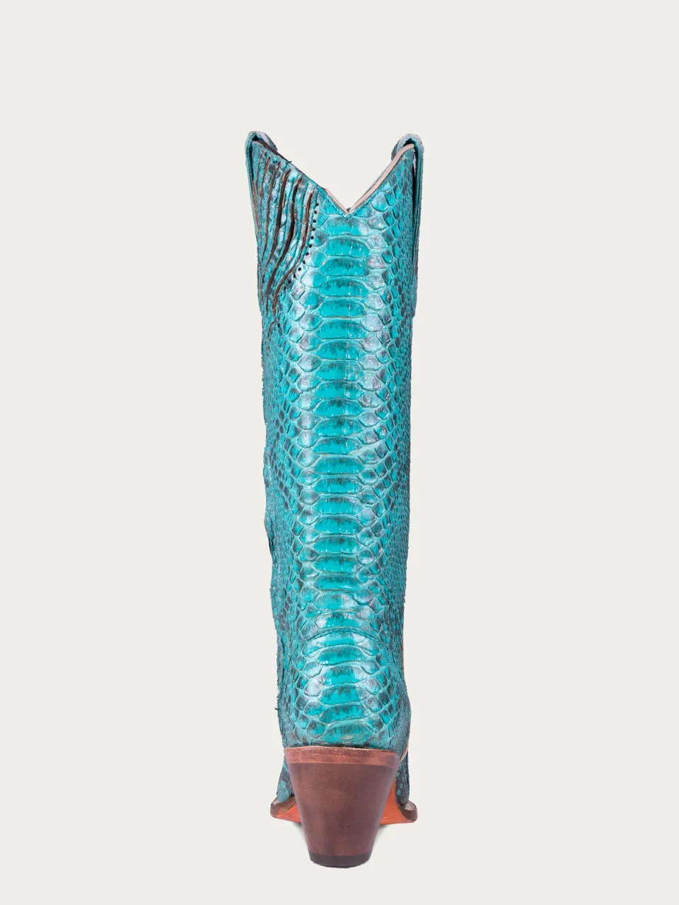 A4448 - WOMEN'S GENUINE FULL TURQUOISE PYTHON WITH GLITTER FINISH TALL TOP SNIP TOE COWBOY BOOT