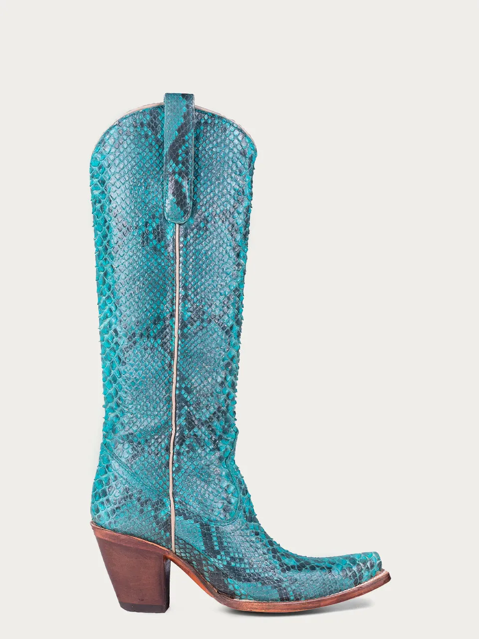 A4448 - WOMEN'S GENUINE FULL TURQUOISE PYTHON WITH GLITTER FINISH TALL TOP SNIP TOE COWBOY BOOT