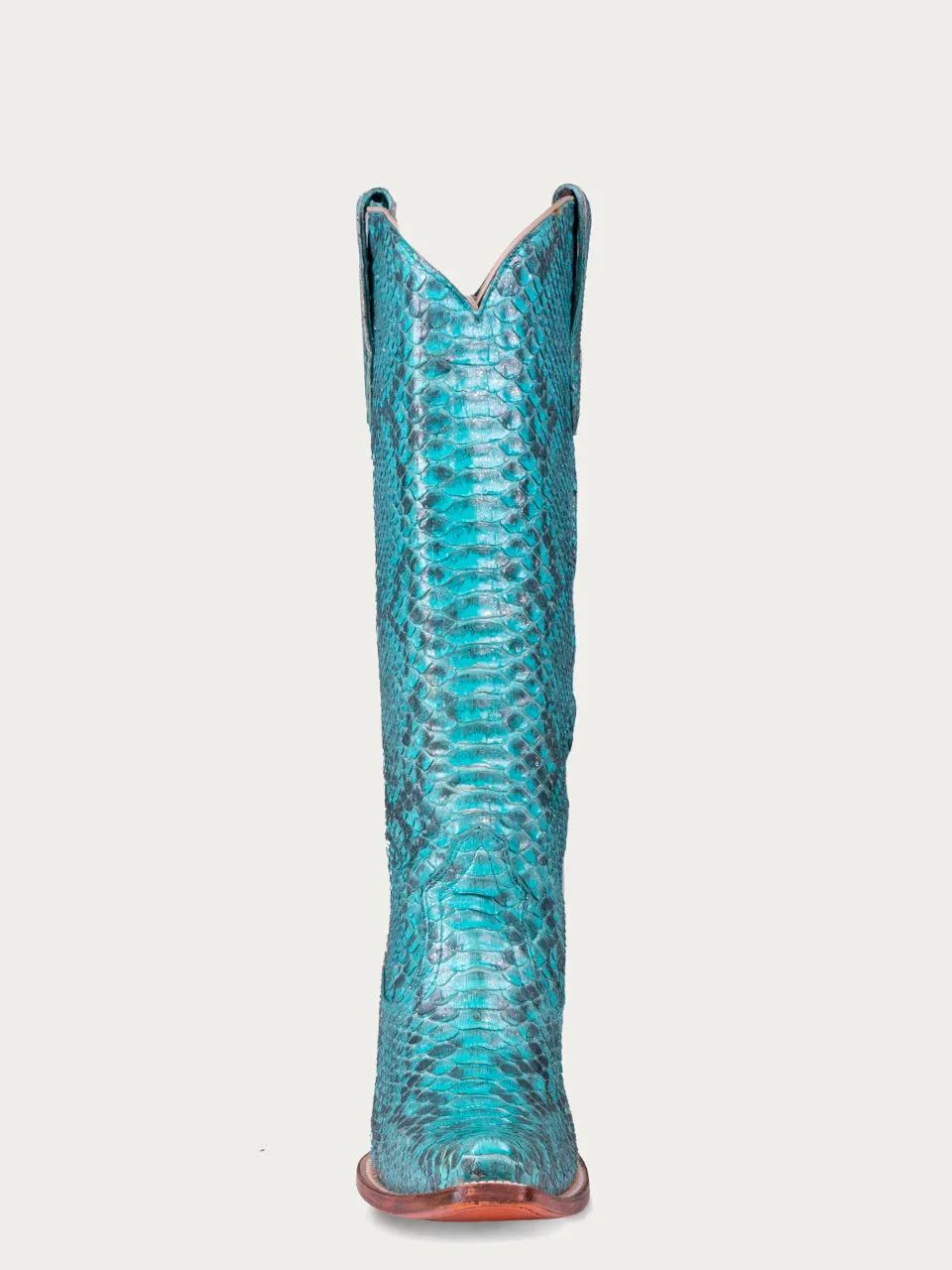 A4448 - WOMEN'S GENUINE FULL TURQUOISE PYTHON WITH GLITTER FINISH TALL TOP SNIP TOE COWBOY BOOT