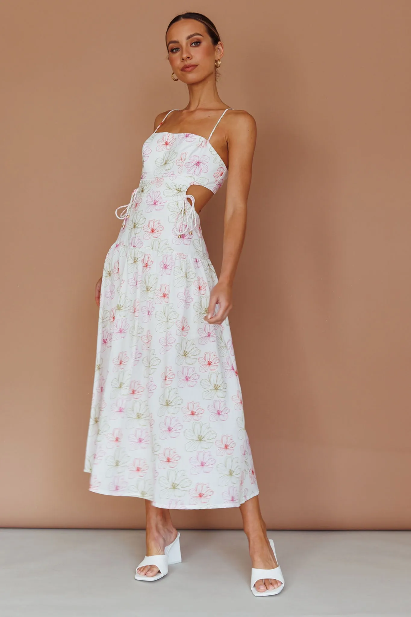 Aloha Cut-Out Waist Midi Dress Floral Pink