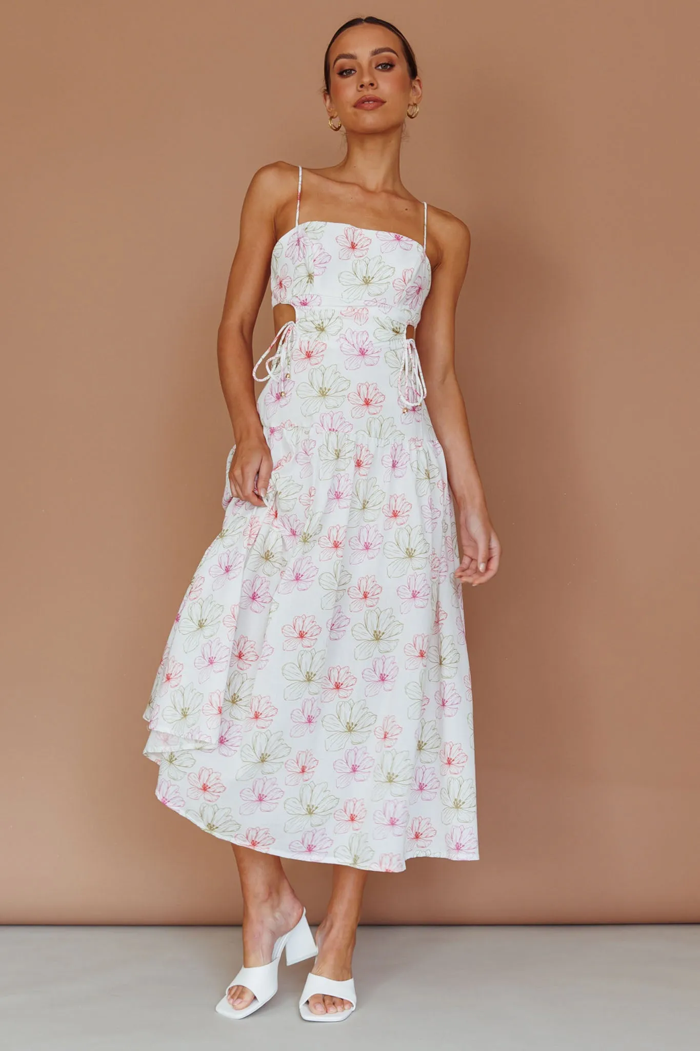 Aloha Cut-Out Waist Midi Dress Floral Pink