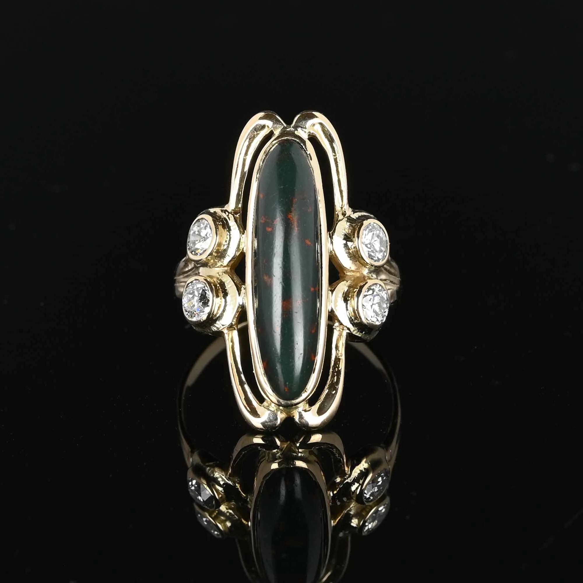 Antique Navette Diamond Bloodstone Ring in 14K Gold