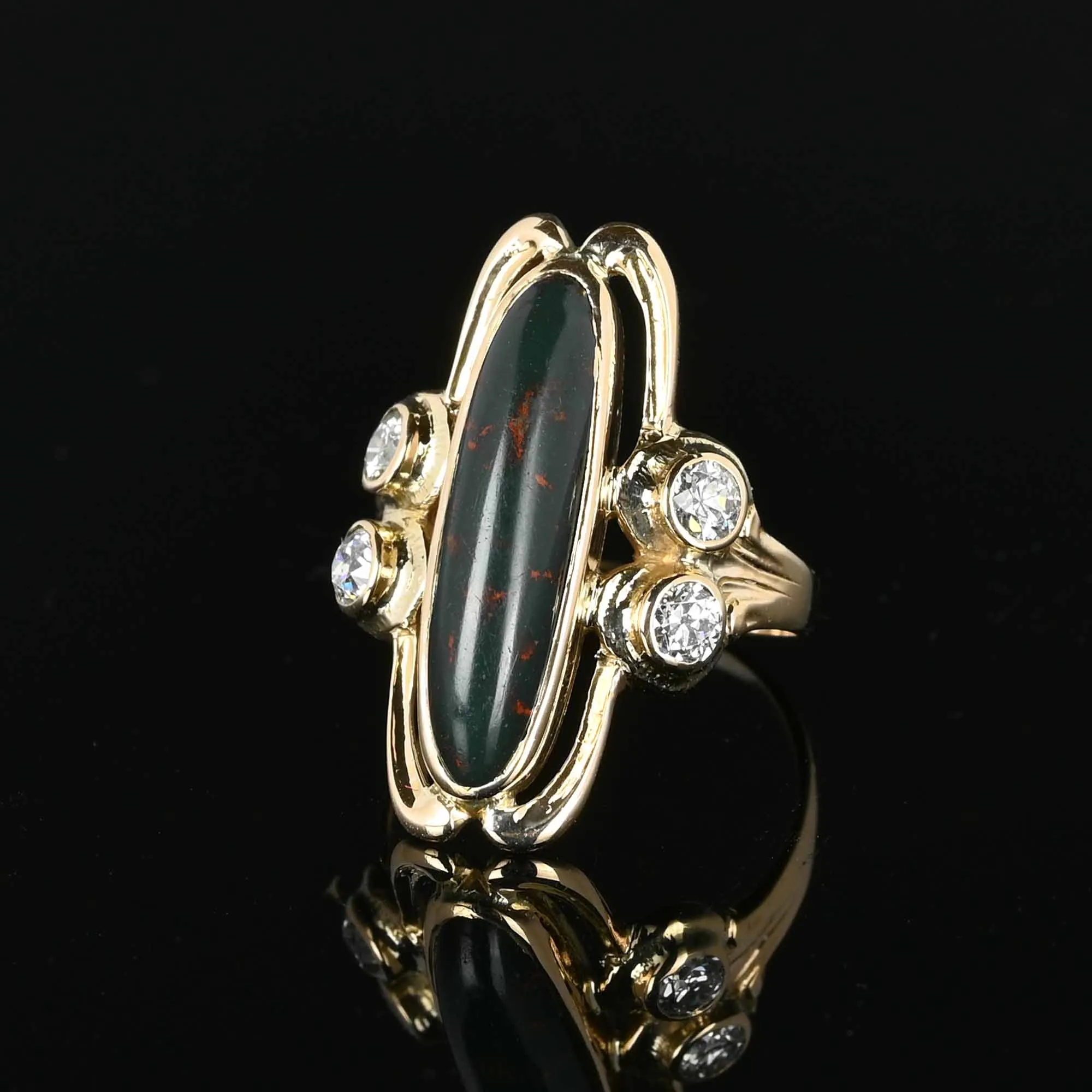 Antique Navette Diamond Bloodstone Ring in 14K Gold