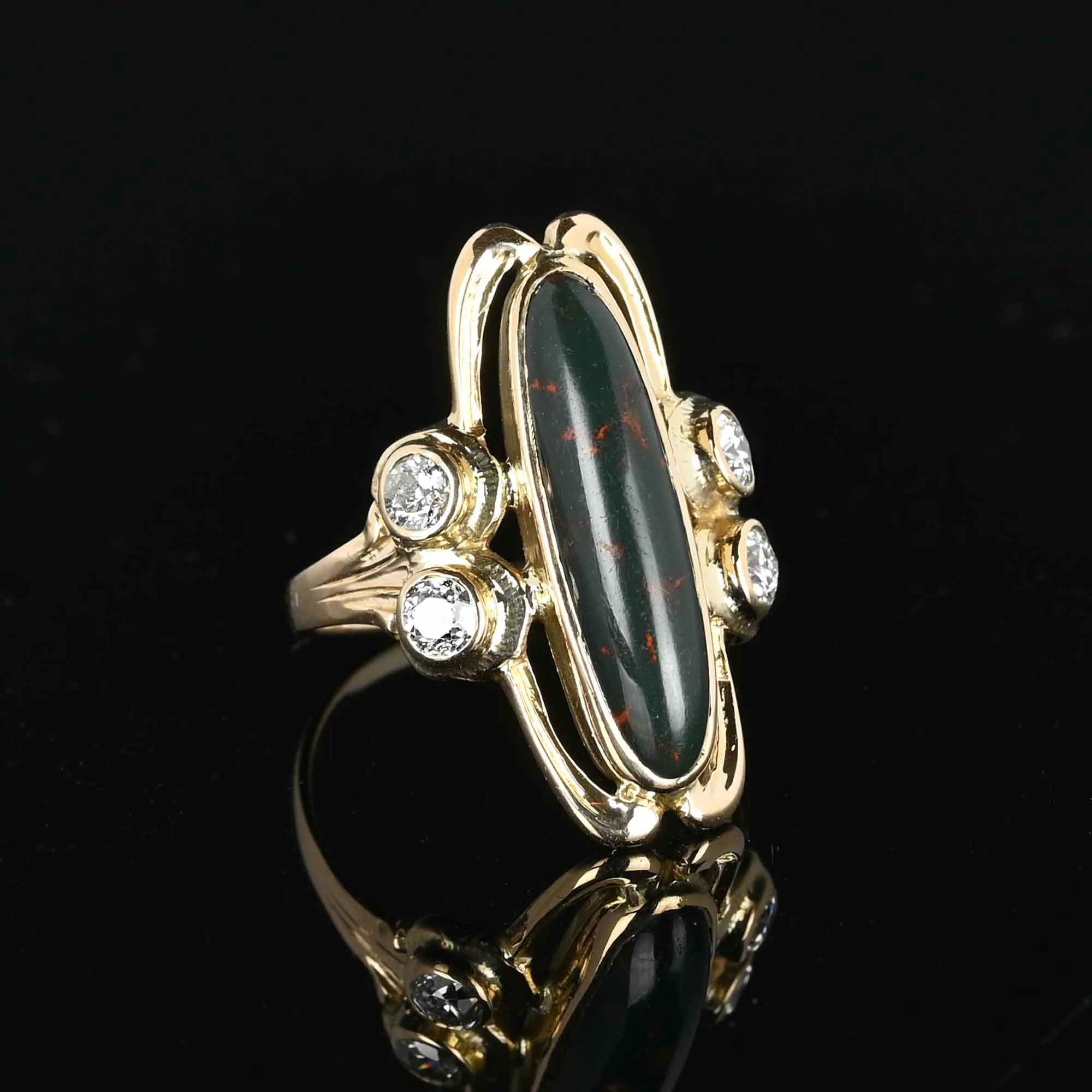 Antique Navette Diamond Bloodstone Ring in 14K Gold