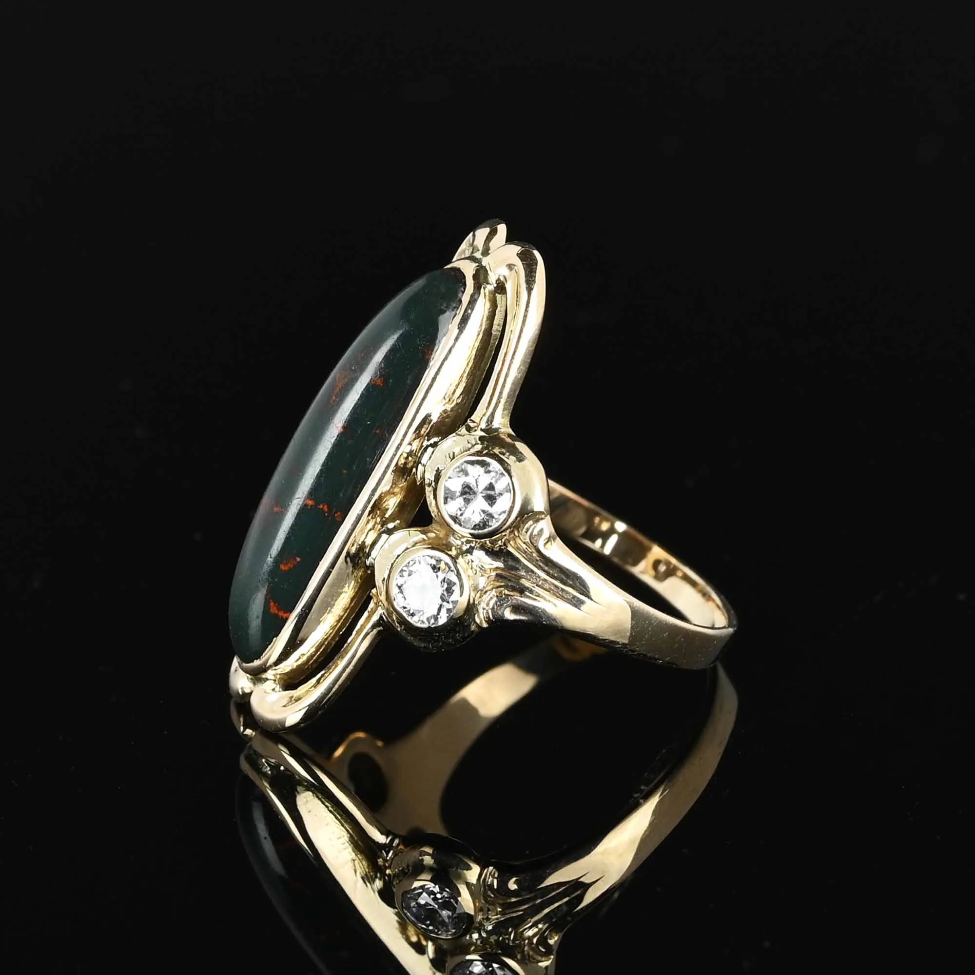 Antique Navette Diamond Bloodstone Ring in 14K Gold