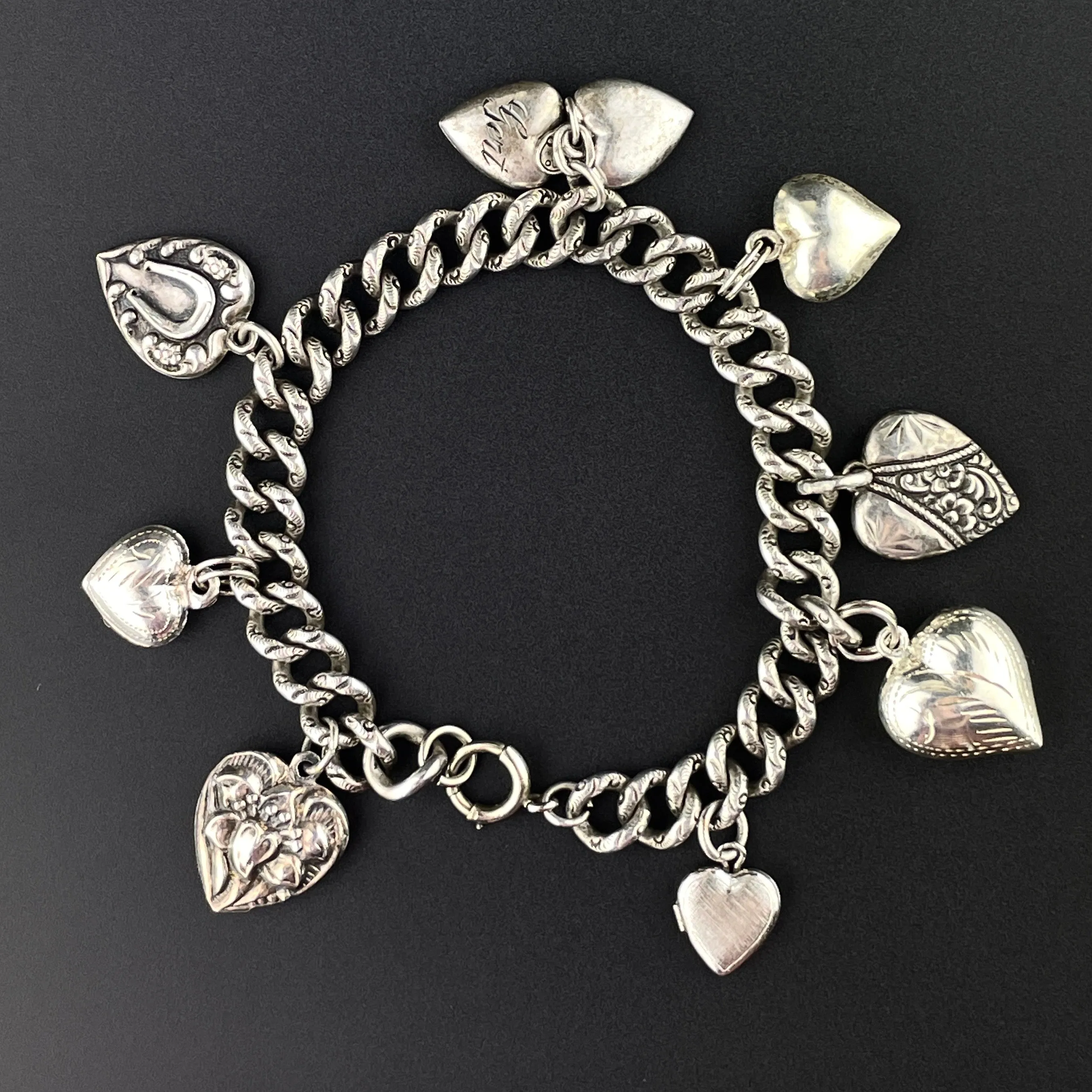 Antique Victorian Puffy Heart Charm Bracelet