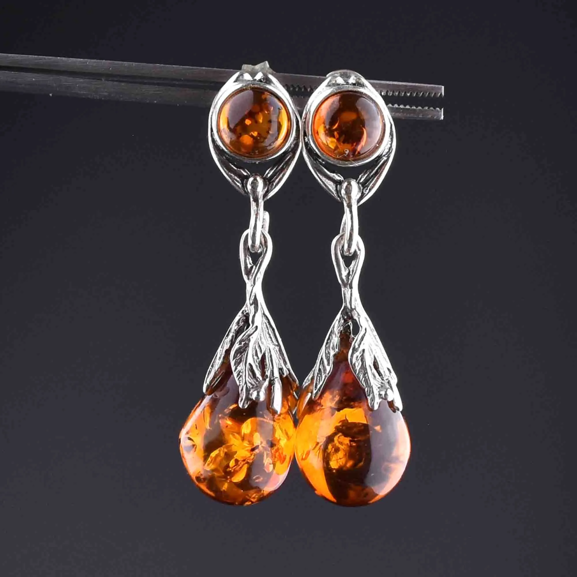 Arts and Crafts Style Silver Baltic Amber Drop Earrings