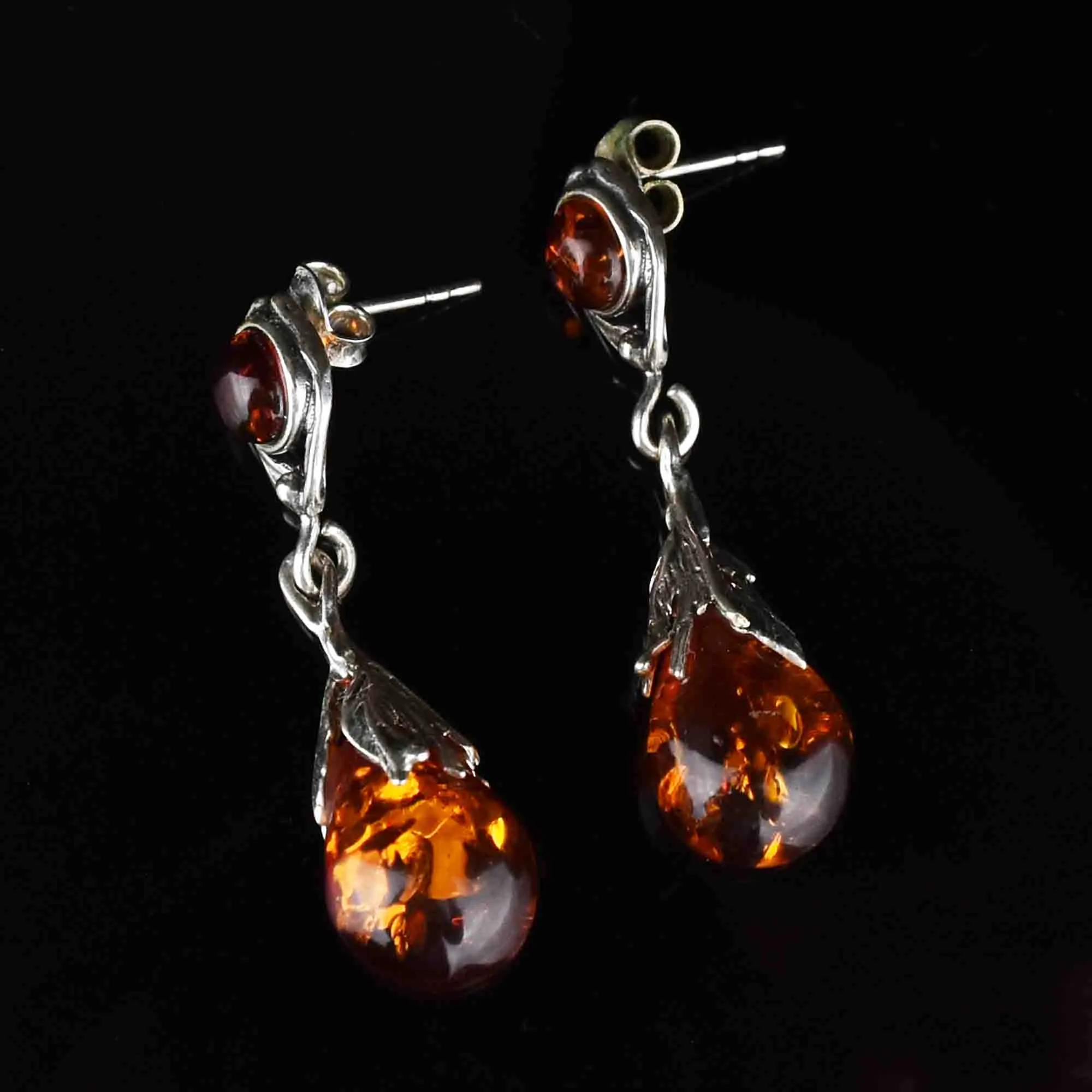 Arts and Crafts Style Silver Baltic Amber Drop Earrings