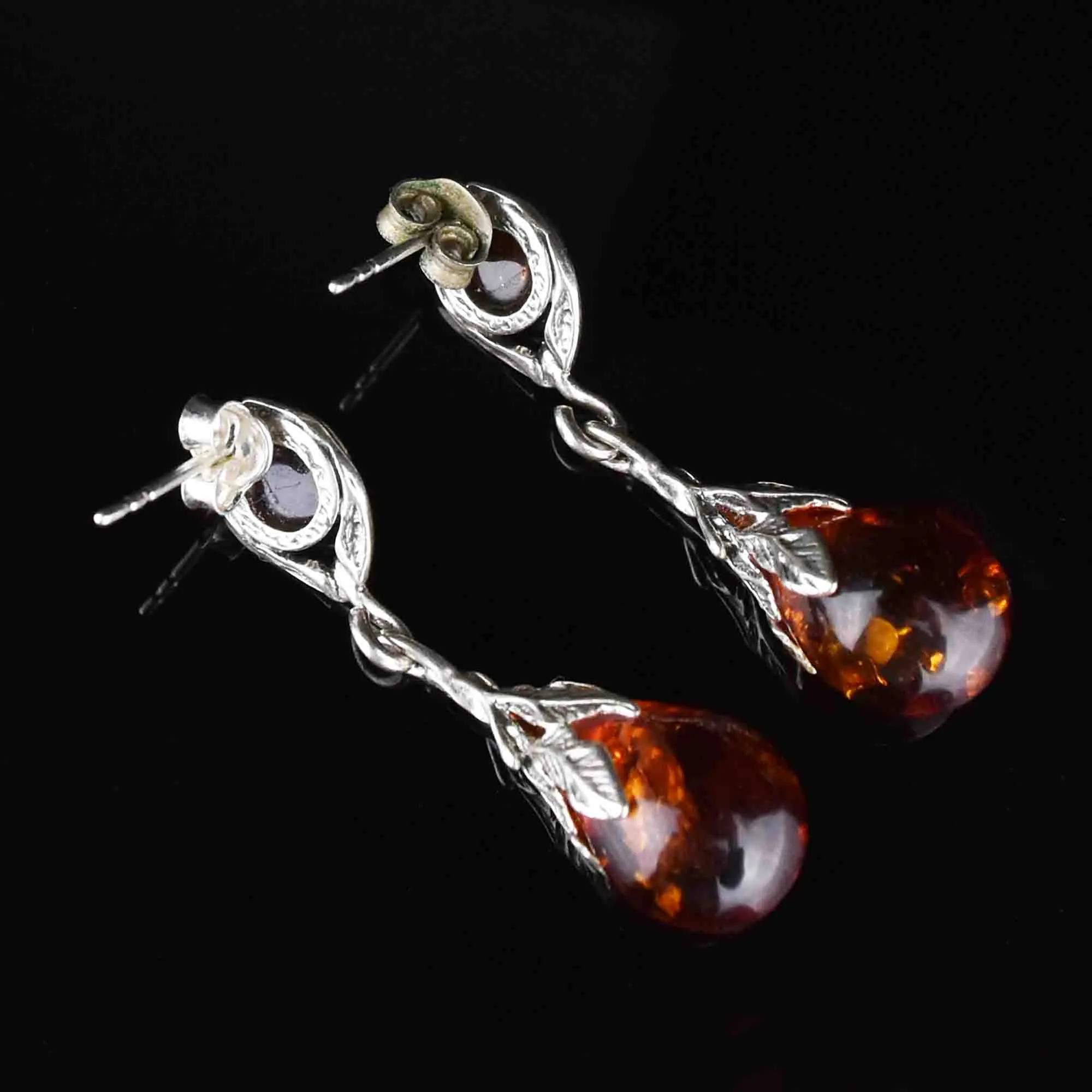 Arts and Crafts Style Silver Baltic Amber Drop Earrings