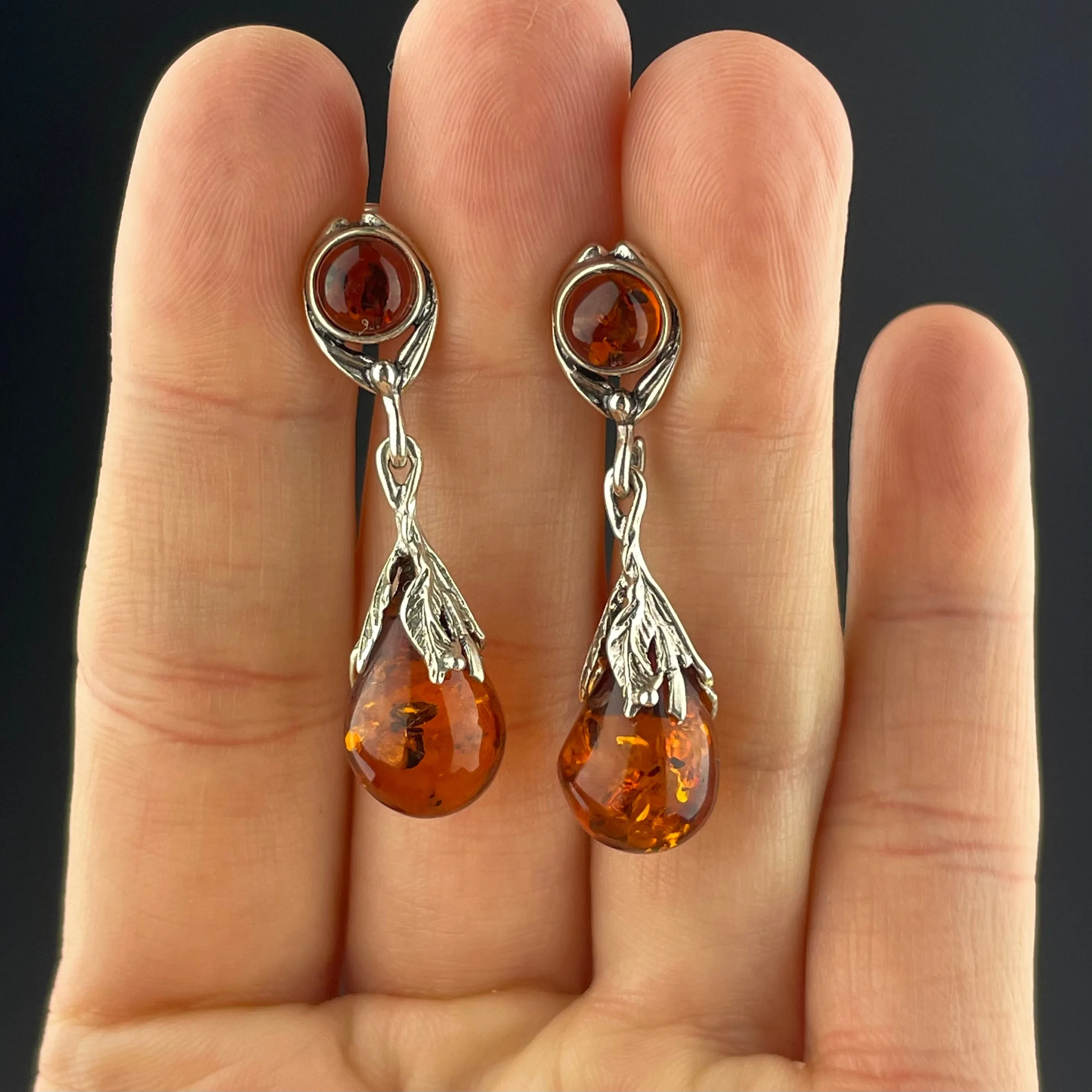 Arts and Crafts Style Silver Baltic Amber Drop Earrings