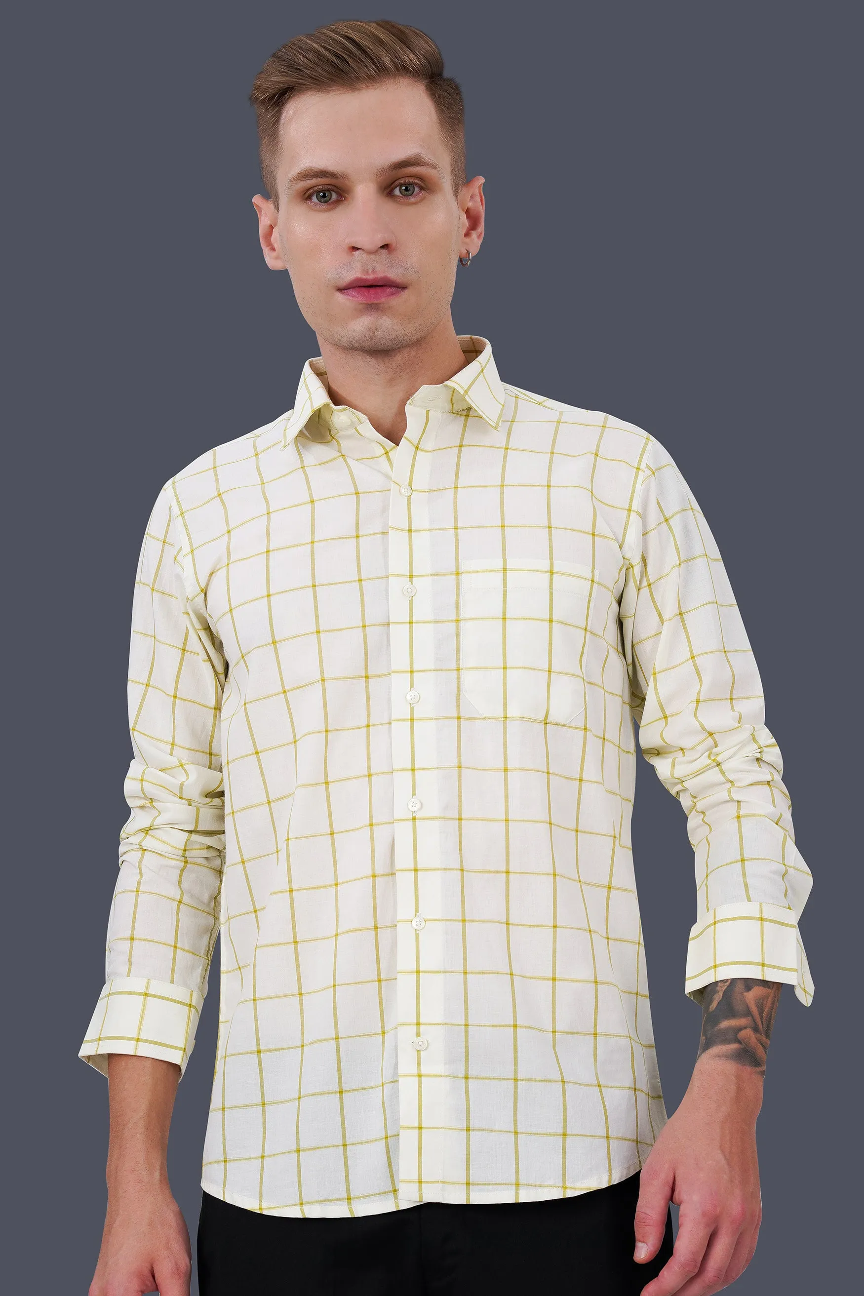 Astra Cream and Husk Yellow Windowpane Premium Cotton Shirt