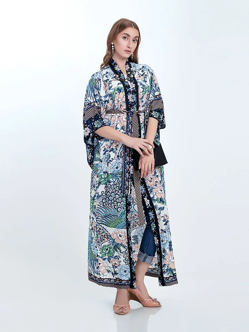 Beachwear Cotton Long Length Floral With Birds Print Blue, White & Green Color Gown Kimono Duster Robe