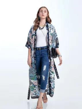 Beachwear Cotton Long Length Floral With Birds Print Blue, White & Green Color Gown Kimono Duster Robe