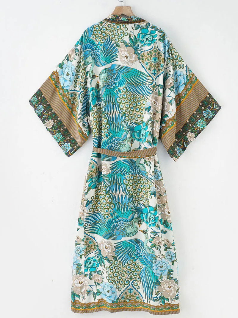 Beachwear Cotton Long Length Floral With Birds Print Blue, White & Green Color Gown Kimono Duster Robe