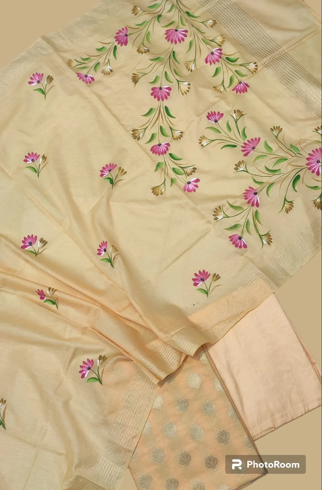 Beautiful in Beige Banarasi Cotton Silk Suit(Unstitched)