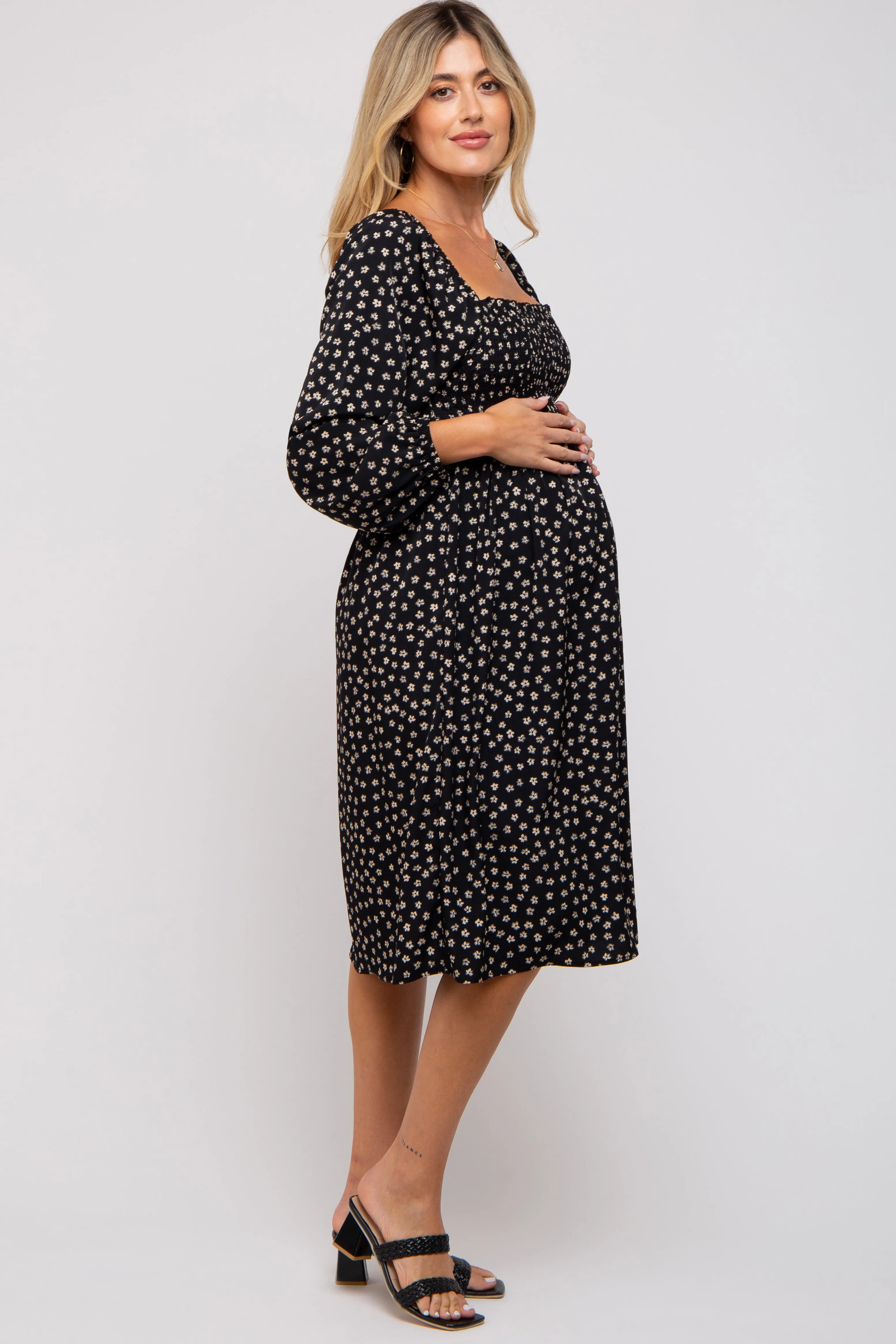 Black Floral Smocked Long Sleeve Maternity Dress