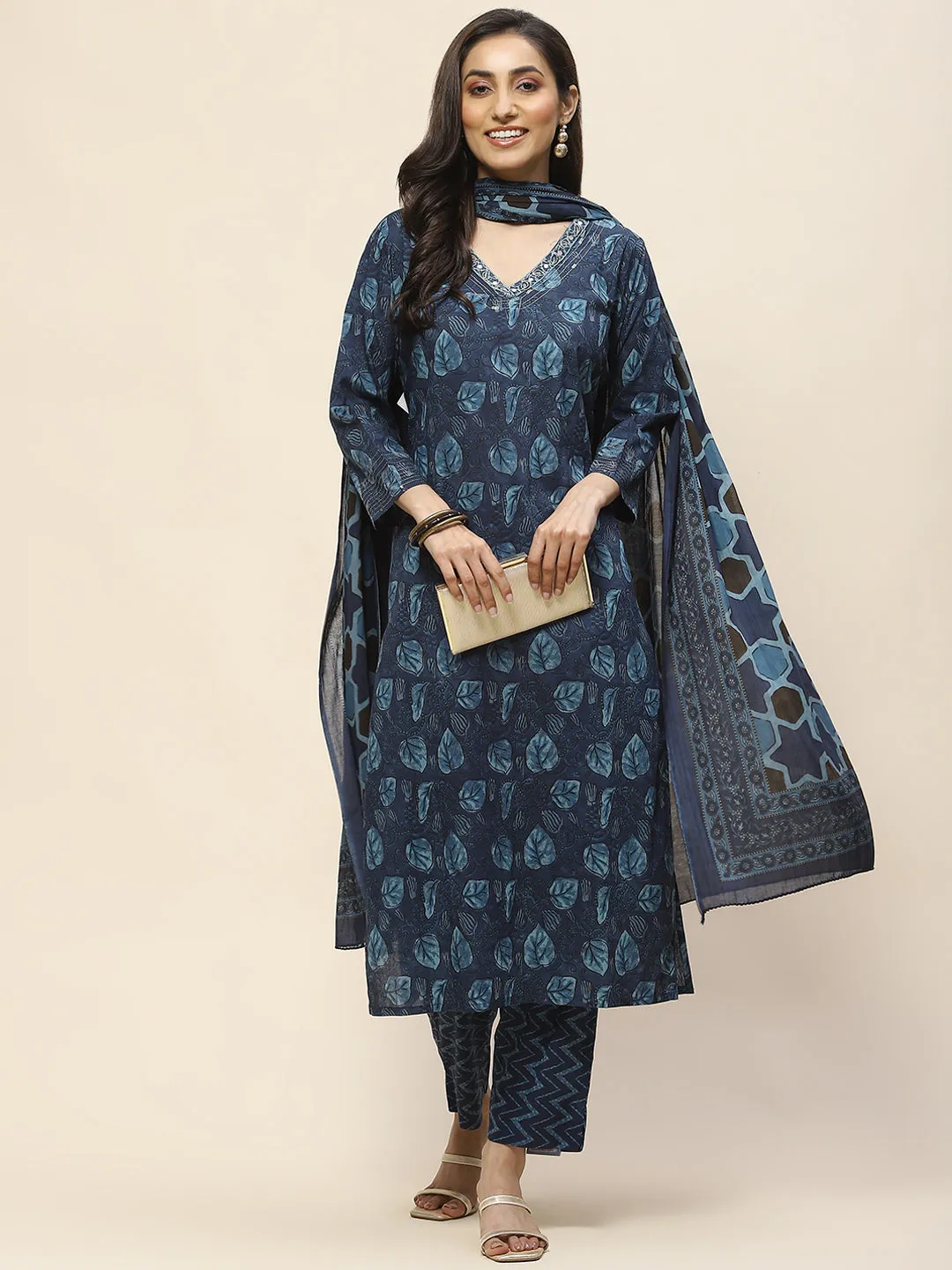 Block Print Cotton Suit Set With Dupatta