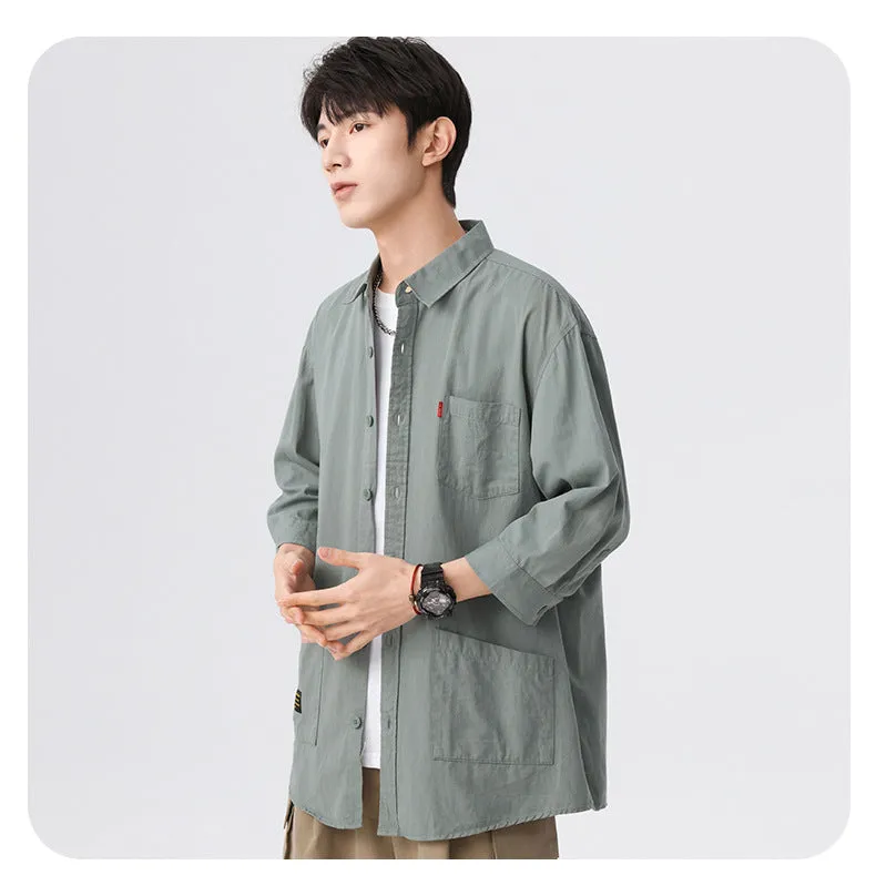 Blue korean-style relaxed shirt three-fourth sleeve