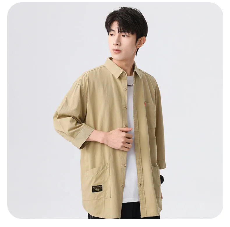 Blue korean-style relaxed shirt three-fourth sleeve