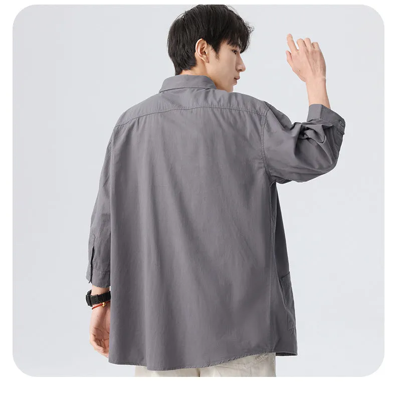 Blue korean-style relaxed shirt three-fourth sleeve