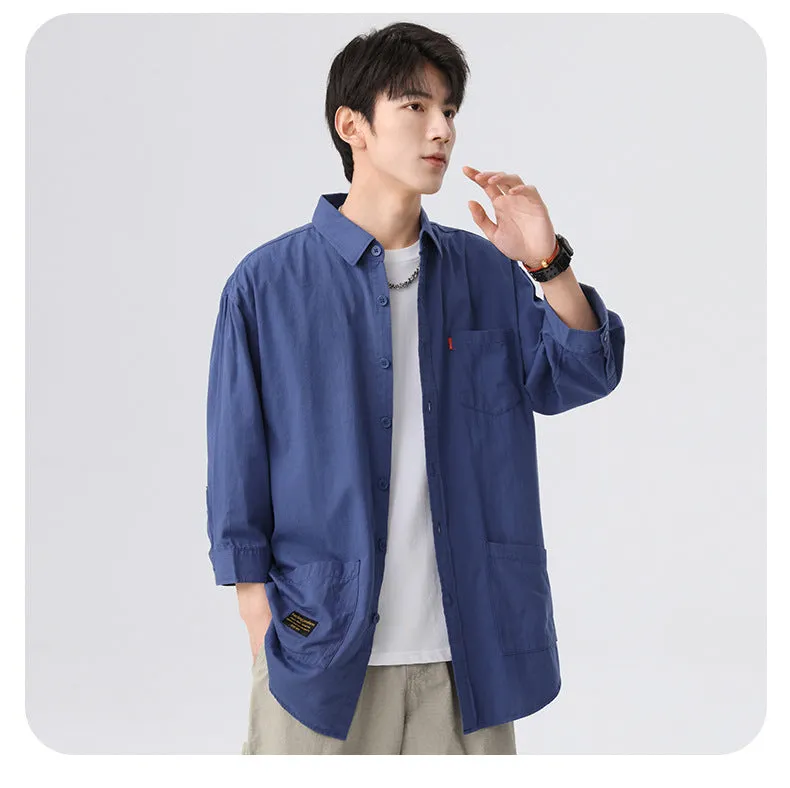 Blue korean-style relaxed shirt three-fourth sleeve