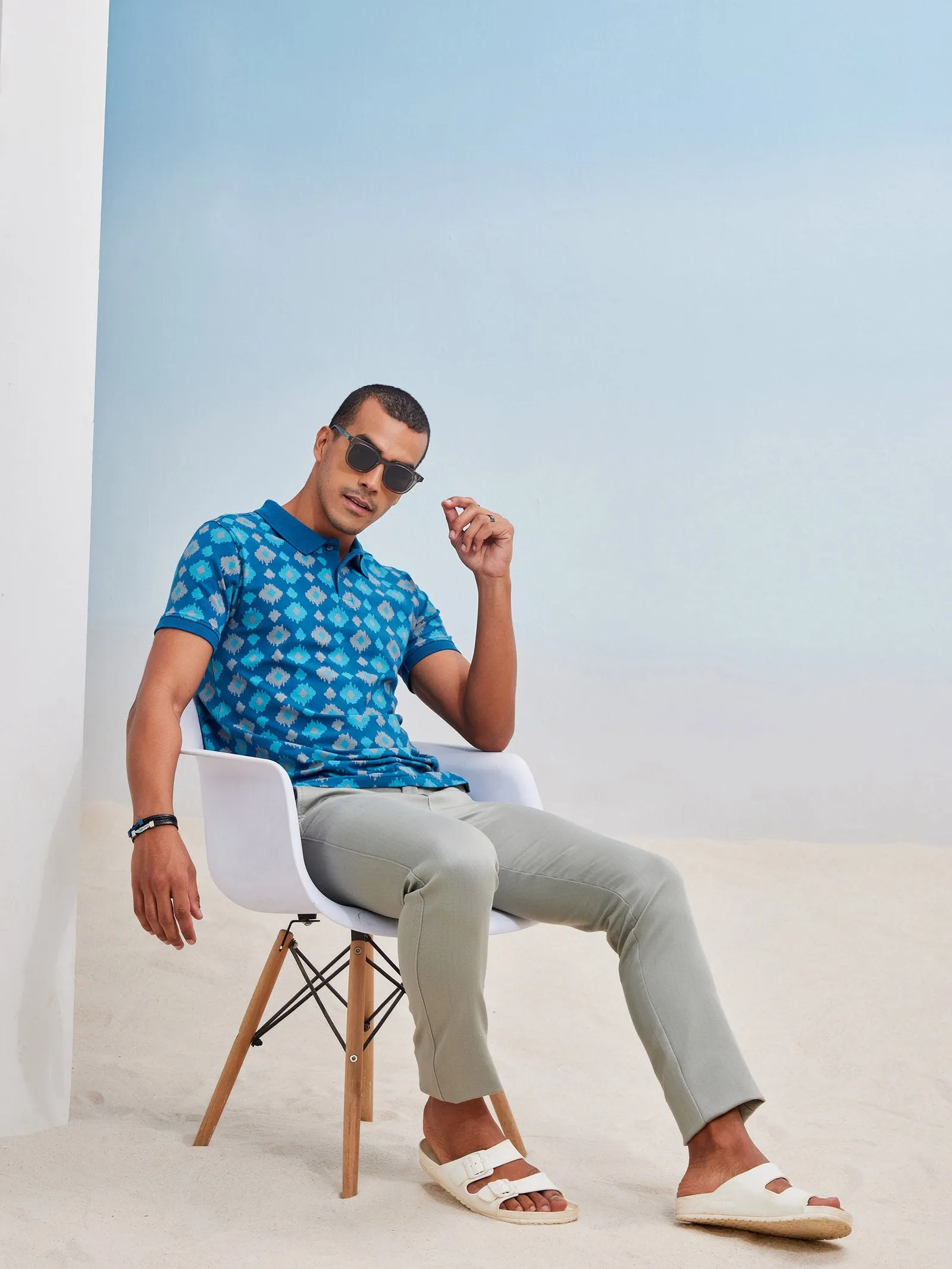 Blue Printed Stretch Polo T-Shirt