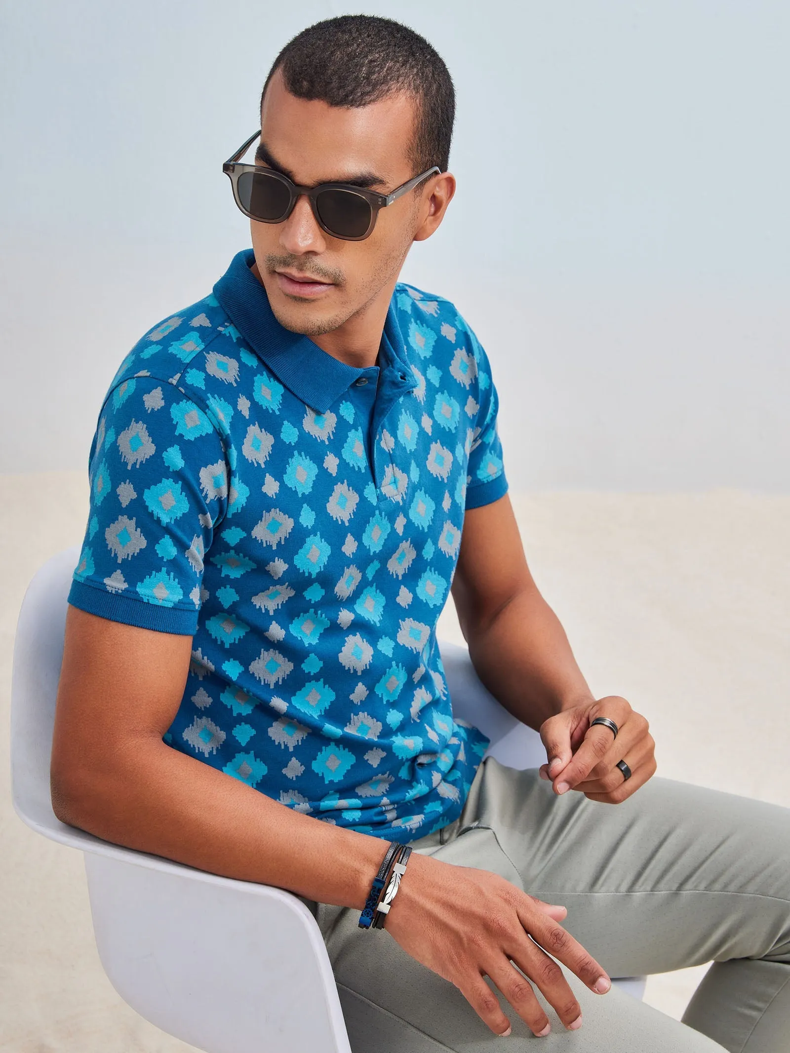 Blue Printed Stretch Polo T-Shirt