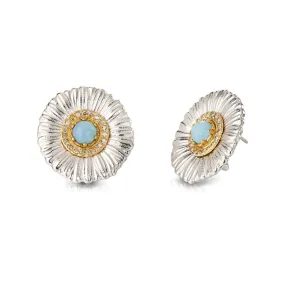 Buccellati - Blossoms Colour - Button Earrings, Sterling Silver with Light Blue Agate, Diamonds, and Gold Accents