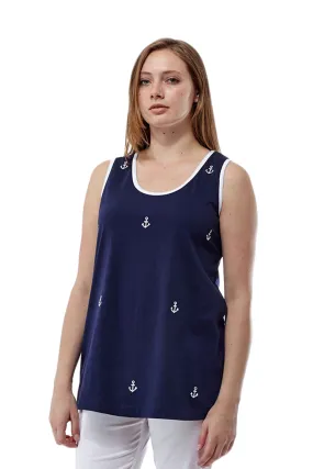 Cotton Knit Tank with Anchor Embroidery