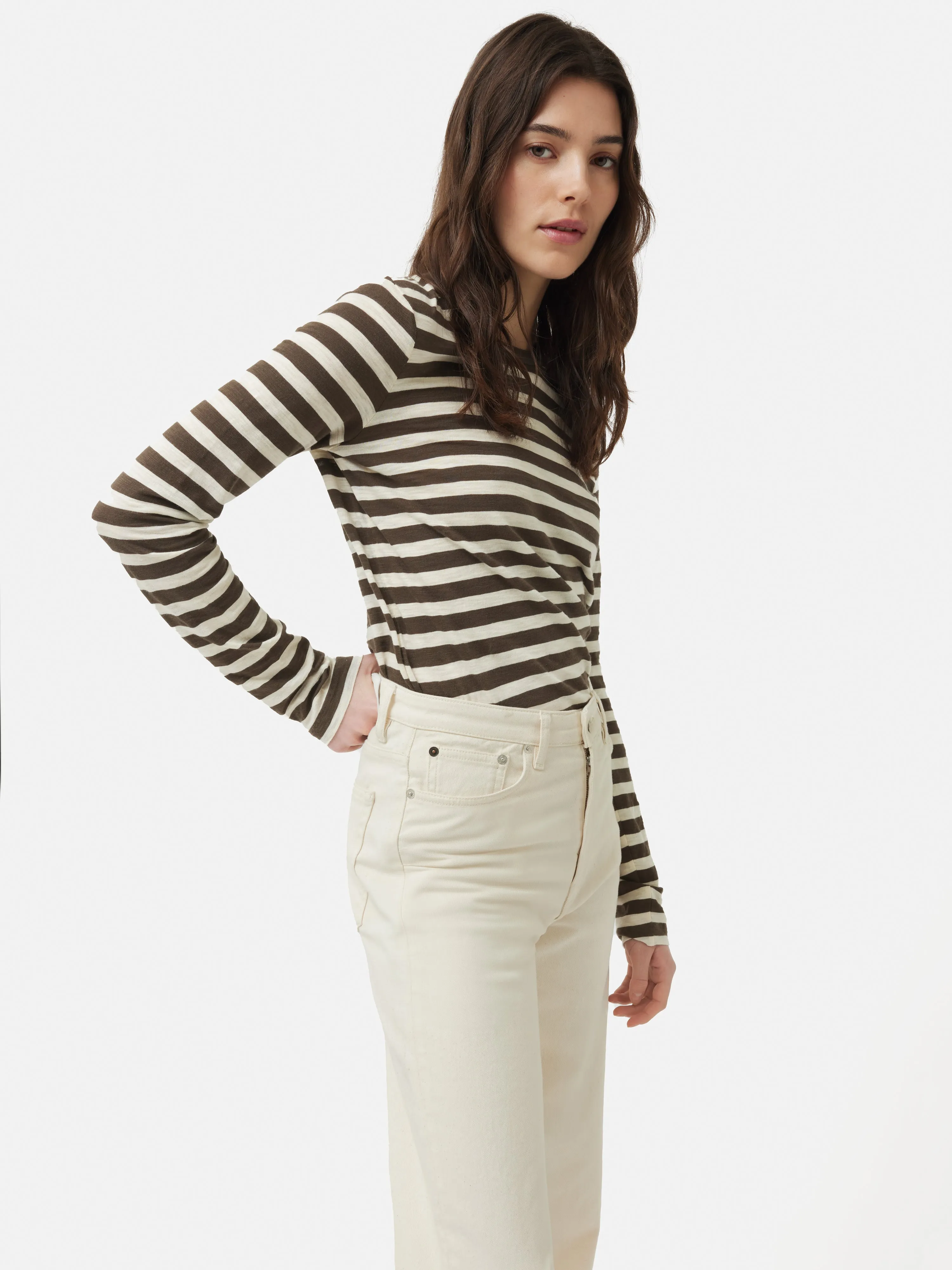 Cotton Slub Stripe Long Sleeve Tee | Brown