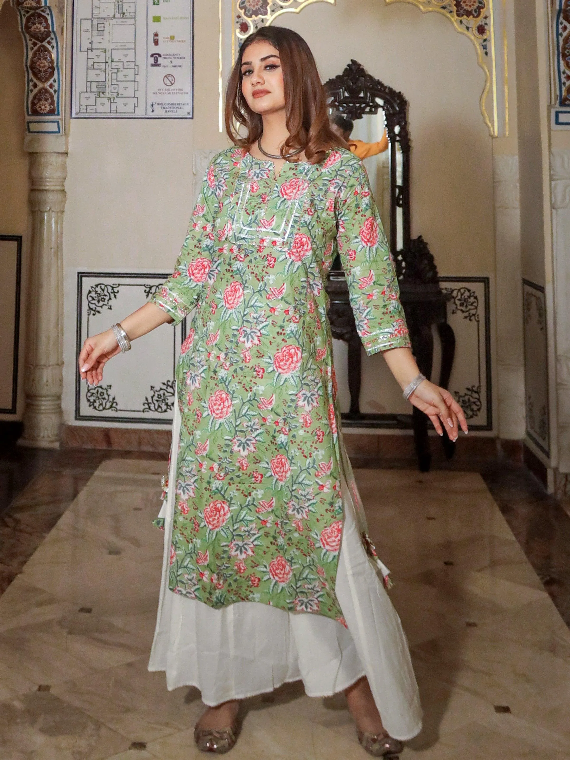 Divena Green Printed Cotton Kurta with Palazo Set