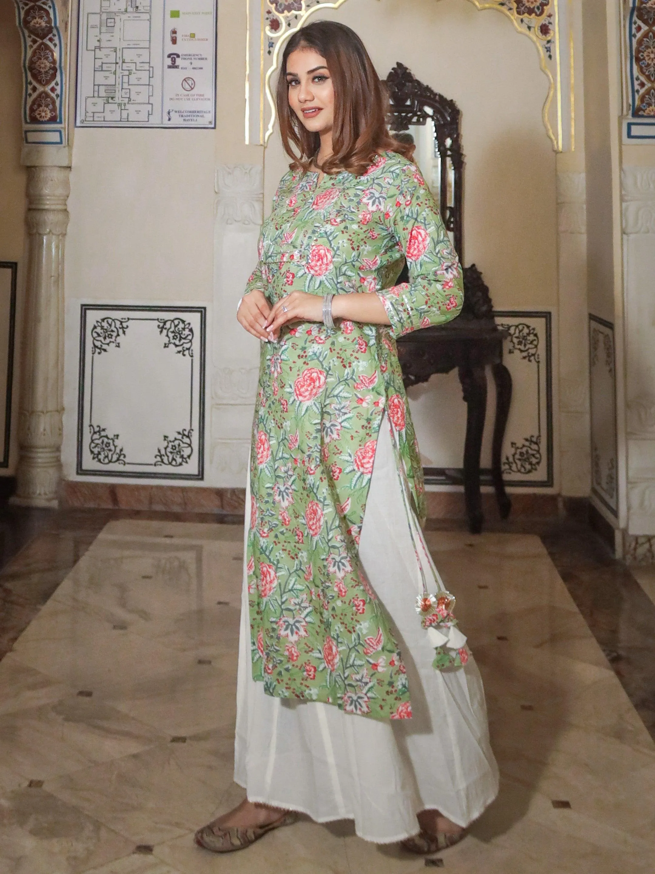 Divena Green Printed Cotton Kurta with Palazo Set