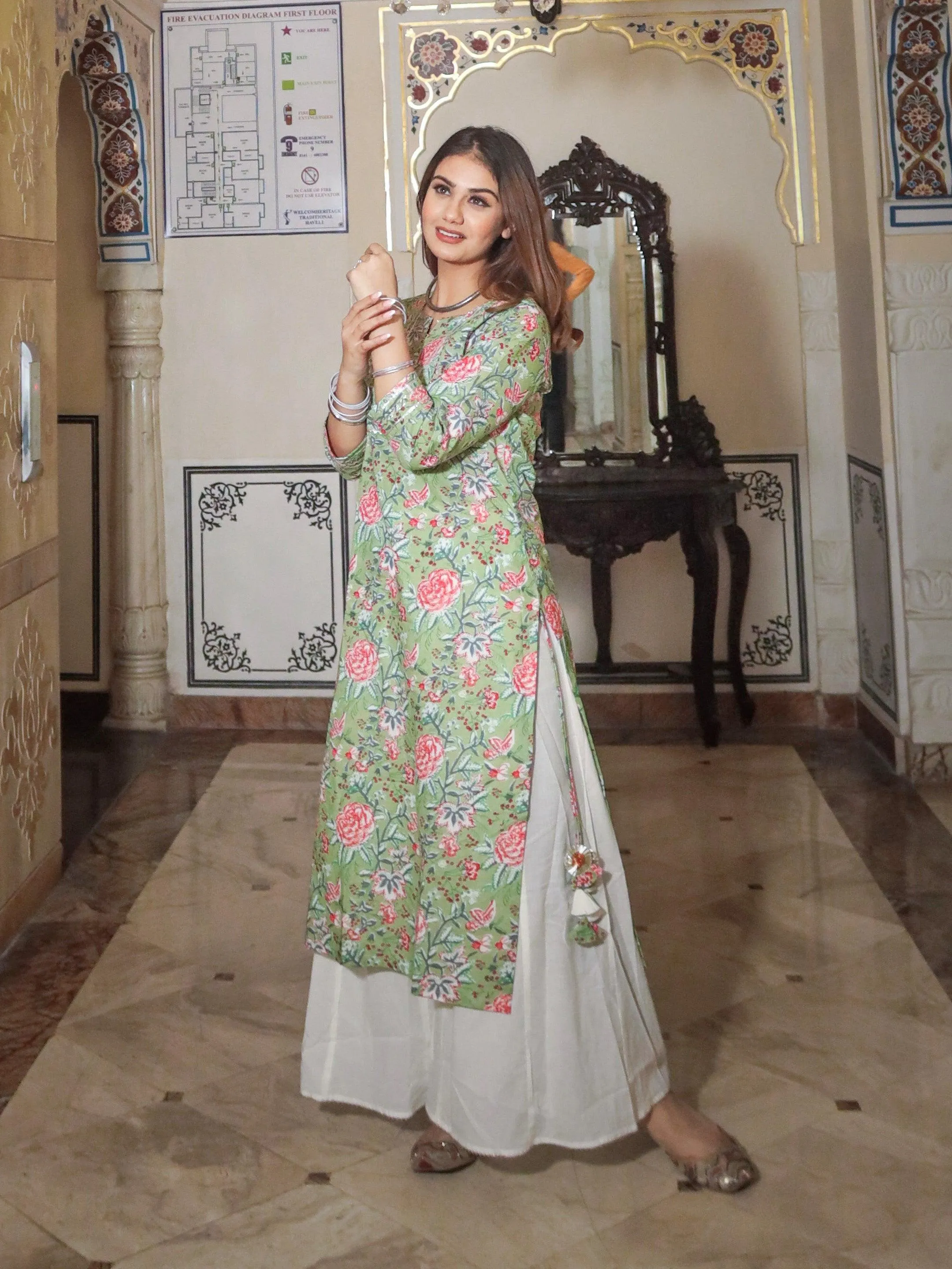 Divena Green Printed Cotton Kurta with Palazo Set