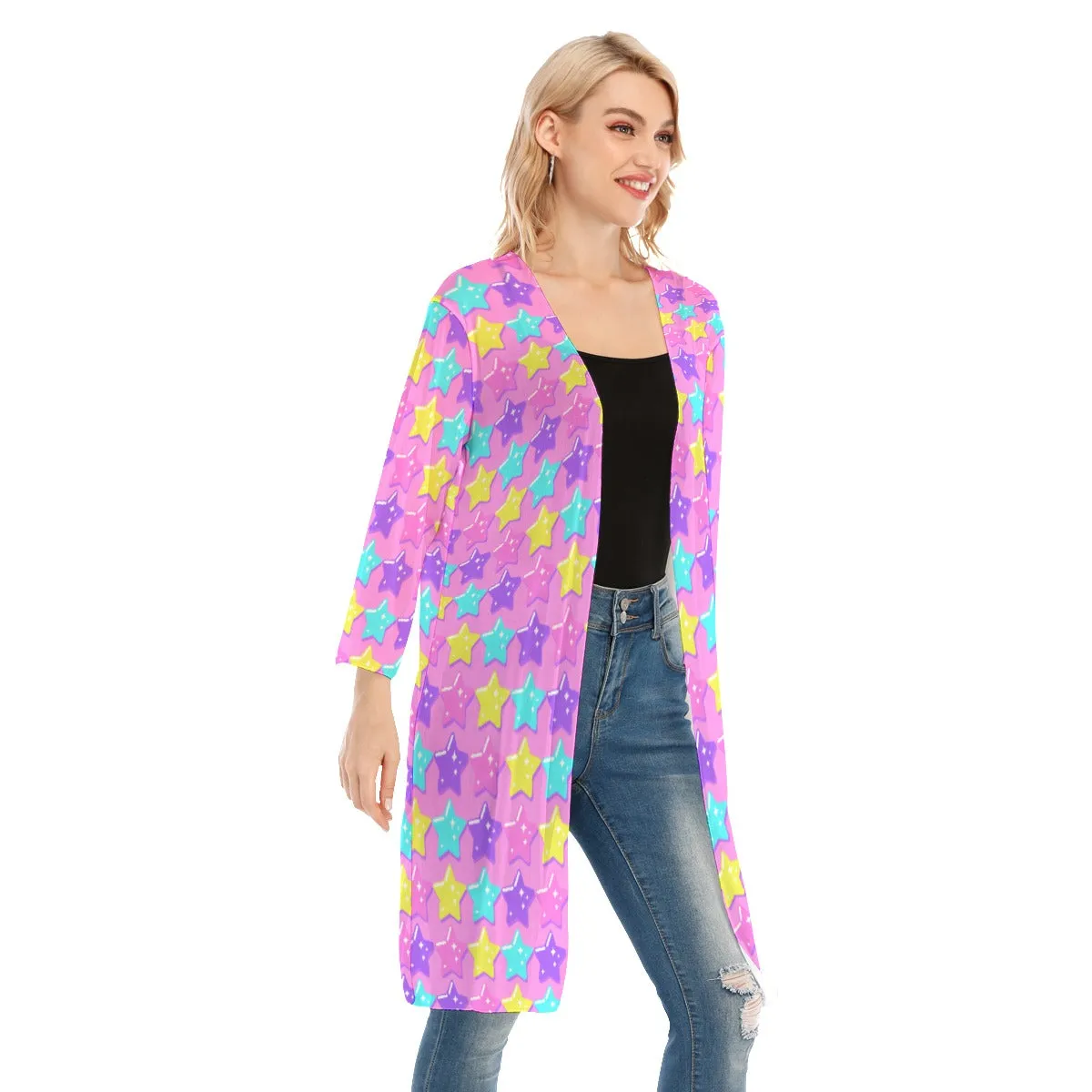 Electric Star Wave Pink V-neck Mesh Cardigan