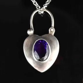 Engraved Silver Forget Me Not Amethyst Heart Padlock Pendant Necklace