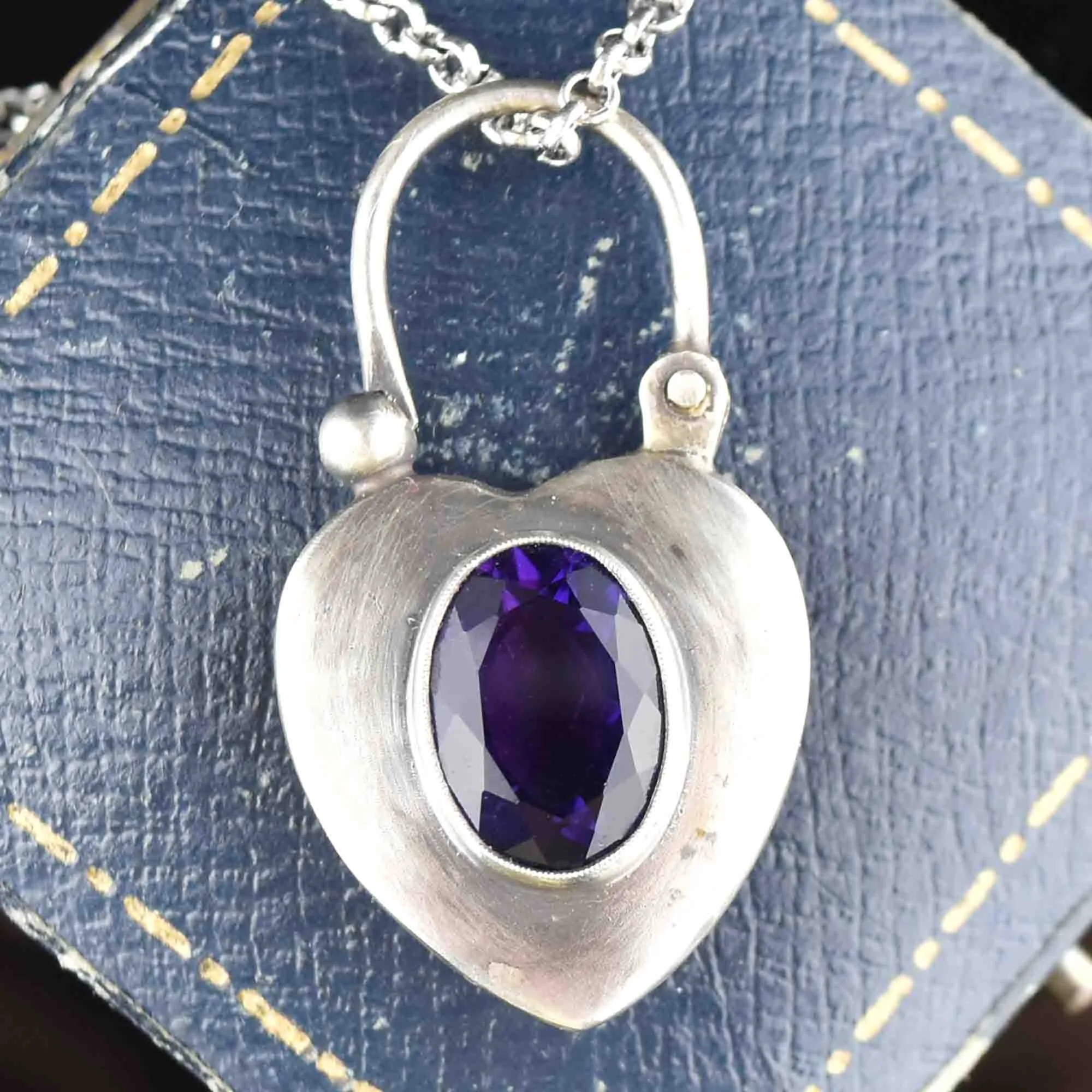 Engraved Silver Forget Me Not Amethyst Heart Padlock Pendant Necklace