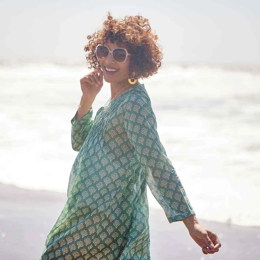 Fifer Blue Green blu Cotton Pintuck Beach Coverup