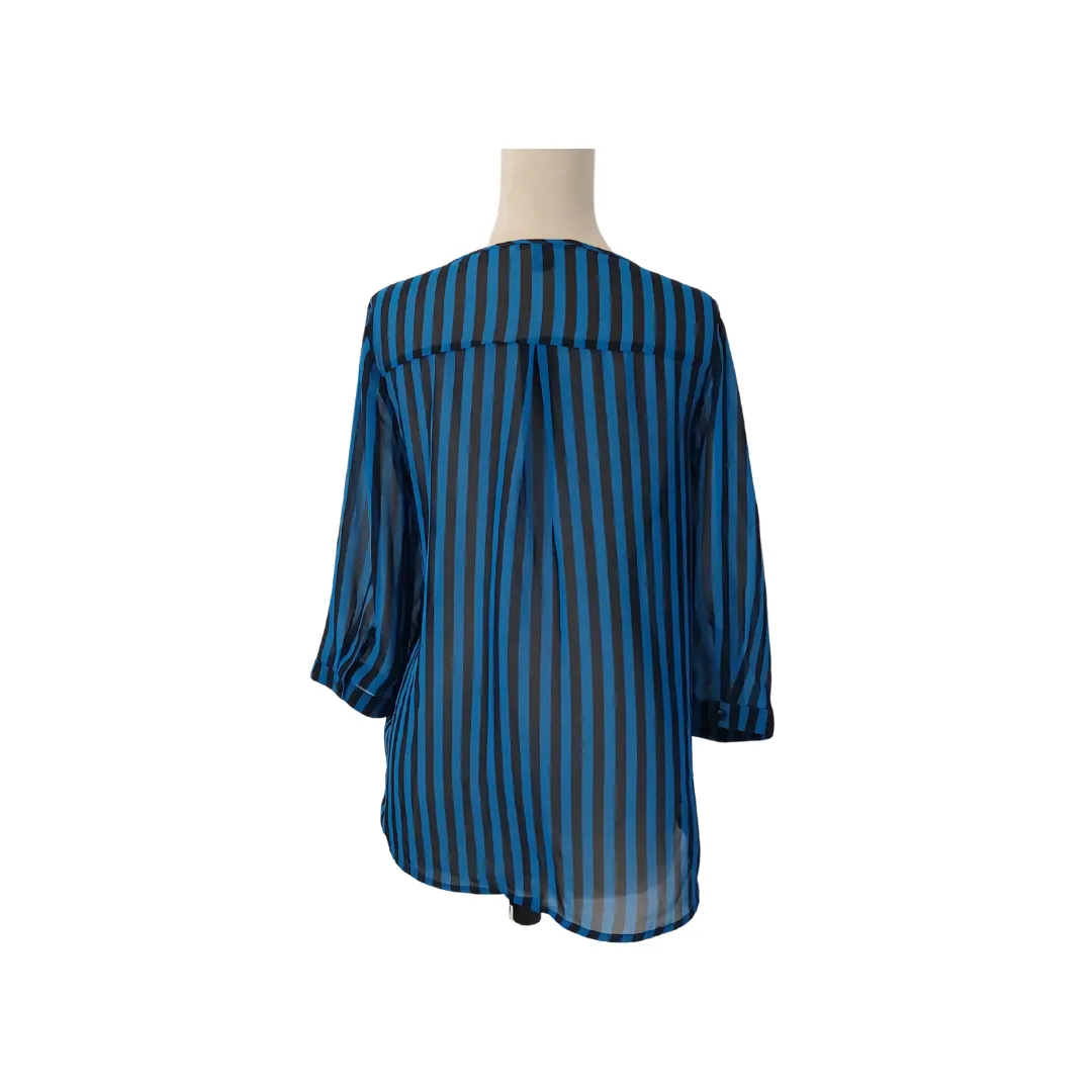 Forever 21 Black & Electric Blue Striped Sheer Top | Gently Used |