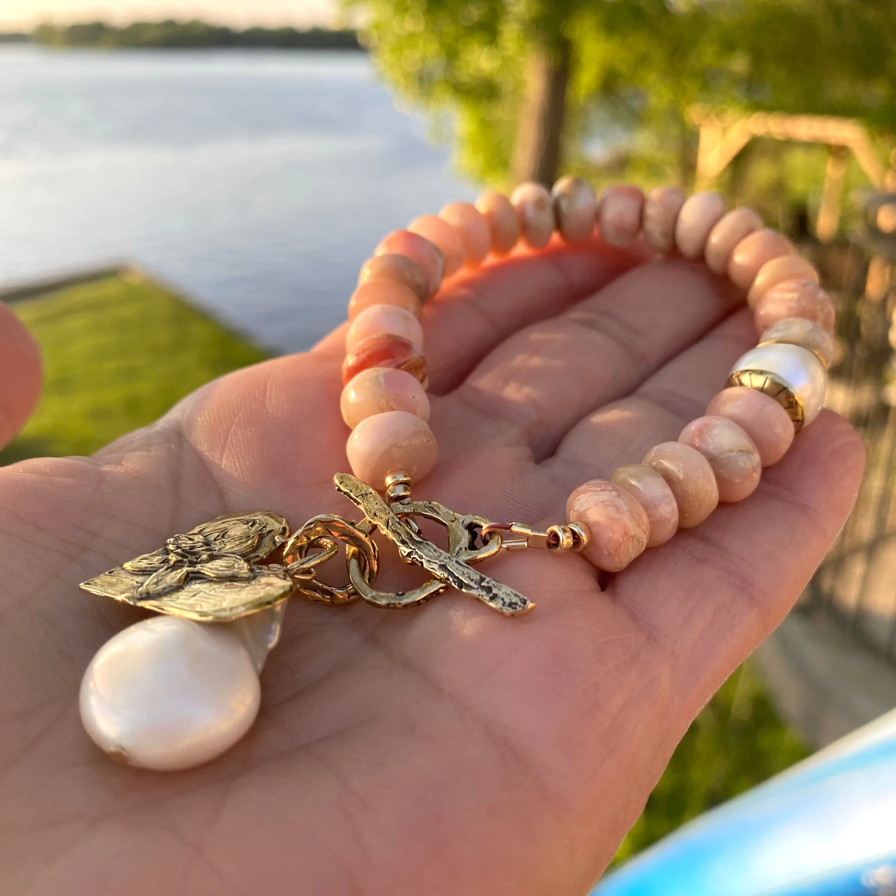 Genuine Pink Opal Toggle Bracelet, Artisan Statement Bracelet, Gold Bronze Heart Charm and baroque Pearl Pendant, 8in