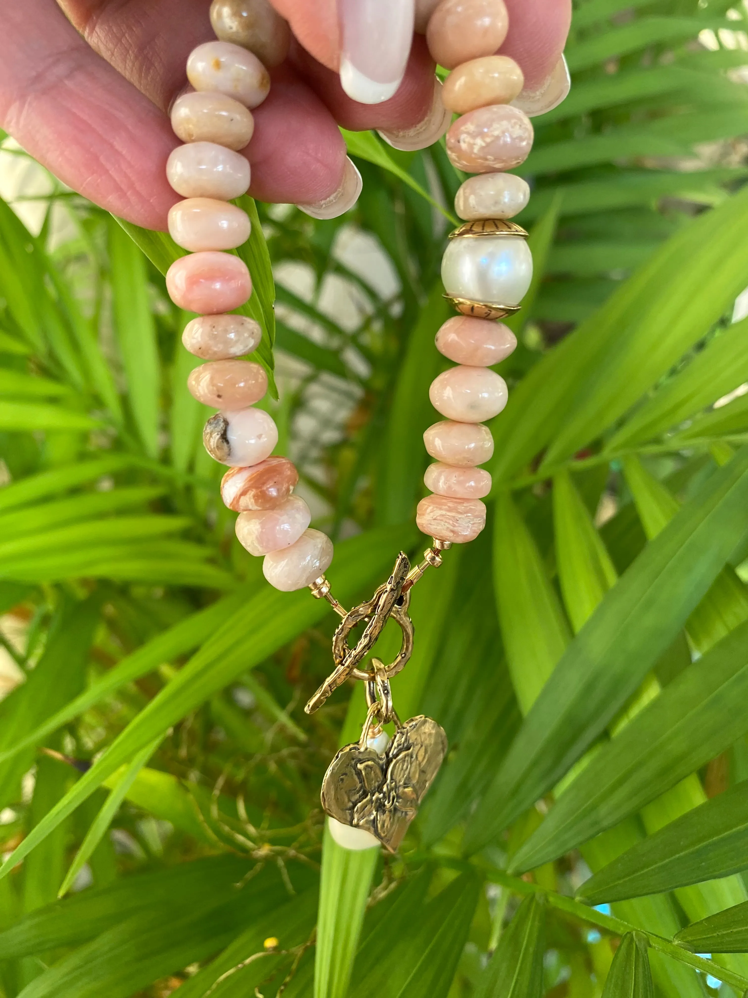 Genuine Pink Opal Toggle Bracelet, Artisan Statement Bracelet, Gold Bronze Heart Charm and baroque Pearl Pendant, 8in